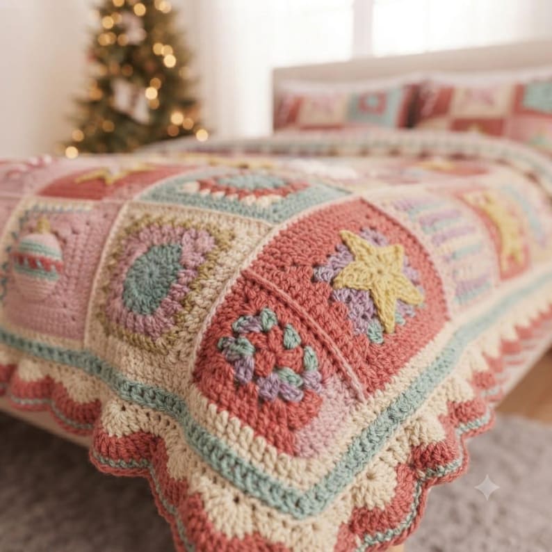 May include: A handmade crochet blanket featuring a patchwork of square motifs in muted shades of pink, sage green, and cream. The squares display textured patterns including stars and ornaments, finished with a scalloped cream-colored border.