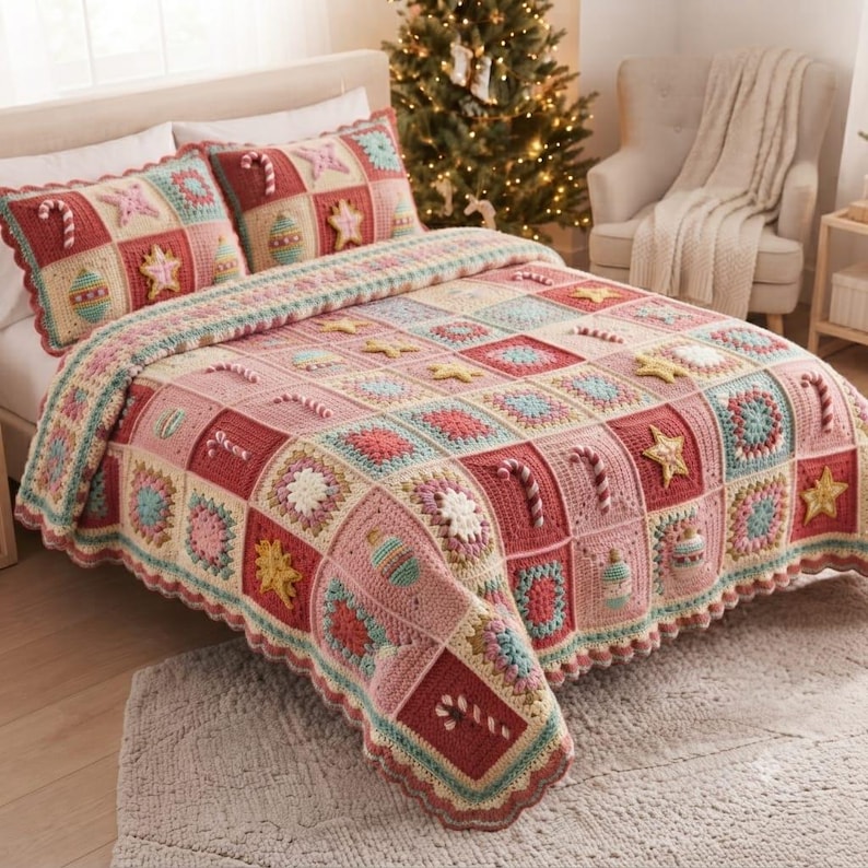 May include: A crochet bedspread and two matching pillow shams featuring a grid of squares in shades of pink, red, cream, and light blue. The squares are decorated with three-dimensional crocheted Christmas motifs including stars, candy canes, and ornaments.