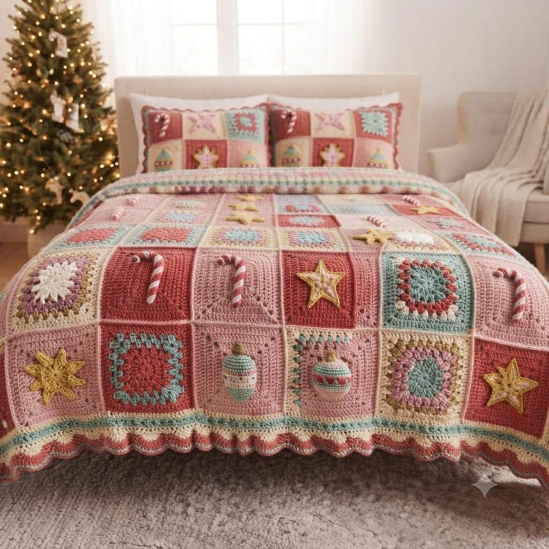 May include: A crochet blanket and two matching pillow shams featuring a patchwork design of squares in shades of pink, red, blue, and cream. The squares are decorated with three-dimensional crocheted motifs including stars, candy canes, and ornaments.