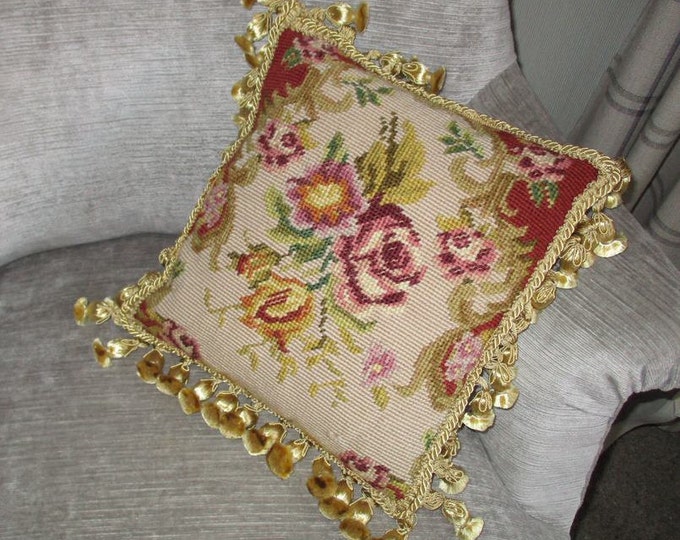 Antique Tapestry Cushion Red & Pink Roses Etsy UK