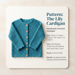 Peut inclure: Un cardigan au crochet bleu sarcelle avec des manches longues, un bord festonné en forme de coquille et six boutons en bois. Le texte indique : Pattern: The Lily Cardigan, Handmade Crochet Cardigan, Size: Girls 5-7 Years, Yarn: DK Weight, Hook: 4.0mm.