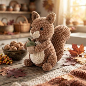 Puede incluir: Un peluche de ardilla tejido a ganchillo en color marrón con vientre y hocico color crema, que sostiene una pequeña bellota tejida en verde y beige. La ardilla tiene ojos oscuros, orejas puntiagudas y una gran cola tupida tejida en hilo suave.