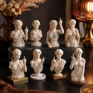Può includere: Una collezione di otto busti in resina color bianco sporco che raffigurano figure con drappeggi classici, ognuna in posa con una o entrambe le mani che fanno il gesto del dito medio. Le sculture sono montate su varie basi quadrate e circolari in metallo, marmo o legno.