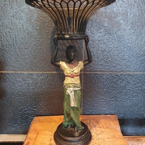May include: A decorative stand featuring a dark-toned figure standing on a circular base, holding a large, black, open-work metal bowl above their head. The figure wears a yellow top with a red waist detail and a long green skirt with a white sash.