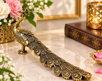 Antique Brass Peacock Figurine, Elegant Table Decor, Vintage Bird Statue, Home Decor Accent, Gift for Peacock Lover