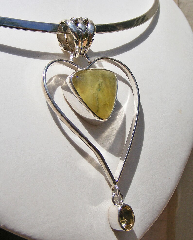 Beautiful Colors and Energies PREHNITE HEART SHAPED Pendant with Faceted Citrine Sterling Silver