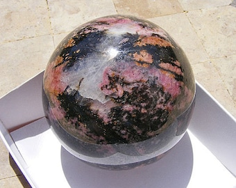 RHODONITE SPHERE, Striking Pink And Black, Natural Colors, Quartz Inclusions, 70mm, 623 Grams