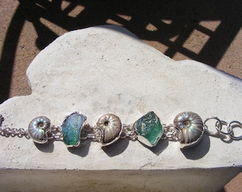 MULTISTONE FOSSIL BRACELET, Fossils,Rainbow Fire Ammolites, With Roman Glass, Intense Colors,Adjustable Length, Sterling Silver