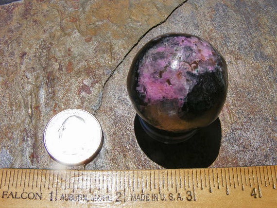 COBALTO CALCITE SPHERE, Slightly Rough, Intense Pink And Black, Stand Incuded,35mm, 68.6 Grams, 343 Carats
