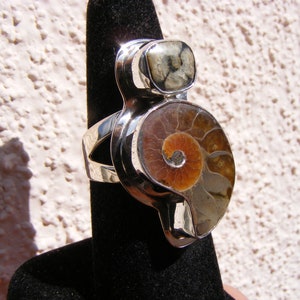 FOSSIL AMMONITE and TRILOBITE Ring, Size 8, All Natural, Earthy Tones,Approximately 250 million years old, Sterling Silver