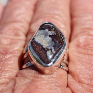 May include: A silver ring featuring a large, oval-shaped opal gemstone. The opal has a dark brown base color with lighter, iridescent patches. The ring has a simple, polished silver band.