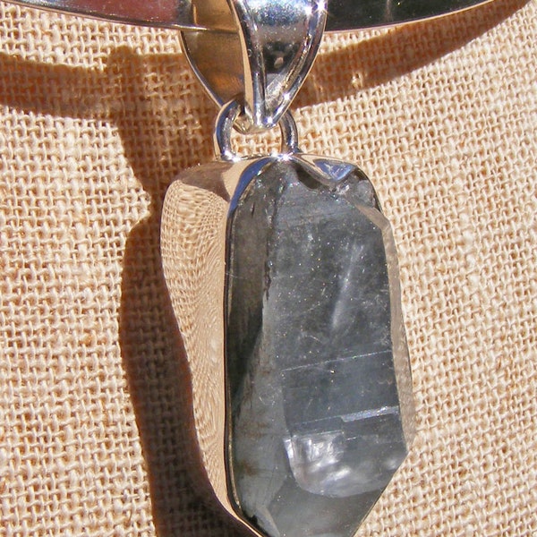 BLUE TARA QUARTZ Pendant, Very Rare, Natural Terminated Crystal With Inclusions of Riebeckite and Olenite. Sterling Silver