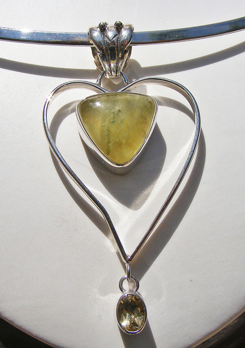 Beautiful Colors and Energies PREHNITE HEART SHAPED Pendant with Faceted Citrine Sterling Silver