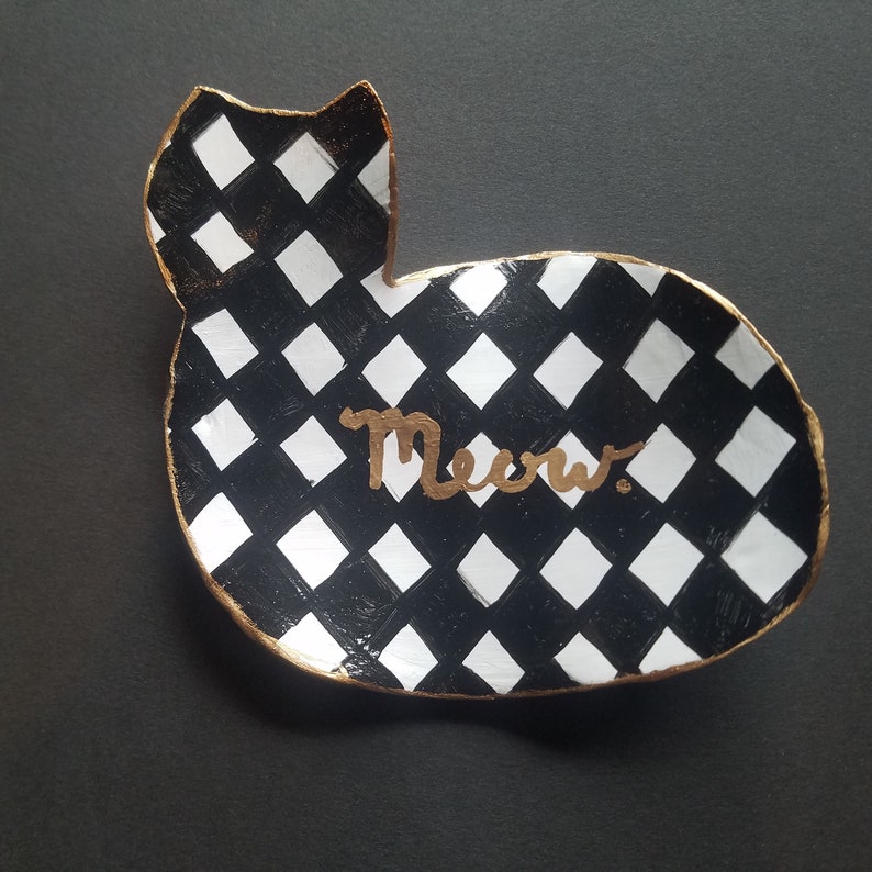 Black and White Small Argyle Pttern Kitty Meow Ring Dish