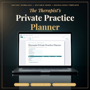 Peut inclure: Un modèle numérique de planificateur de cabinet privé pour thérapeute affiché sur un écran d'ordinateur portable. Le document comprend des sections pour la configuration du cabinet, un tableau de bord de suivi des paiements et des dépenses.