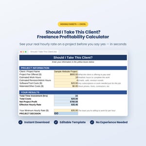 Puede incluir: Una plantilla de hoja de cálculo digital titulada Should I Take This Client? Freelance Profitability Calculator para Google Sheets y Excel. La interfaz muestra campos de información del proyecto, entradas de costos y resultados calculados, incluyendo beneficio neto.