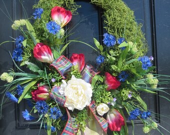 Tulip Spring Wreath, Moss Wreath Farmhouse, Red Tulip Wreath Front Door, Spring Door Wreath, Mother's Day Gift, Summer Wreath, Peony Wreath