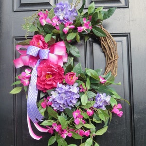 Summer Wreath for Front Door with Peonies, Hydrangea Wreath, Vibrant Floral Wreath for Summer,  Porch Lanai Peony Wreath,  Ready to Ship