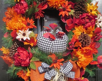 Fall Wreath with Pumpkin, Luxury Thanksgiving Door Wreath, Extra Large Fall Wreath for Front Door, Orange Mums, Pine Cones