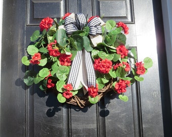 Farmhouse Wreath, Red Geranium Wreath for Front Door, Ready to Ship, Spring Wreath, Perfect Mother's Day Gift, Cottage Chic Home Decor