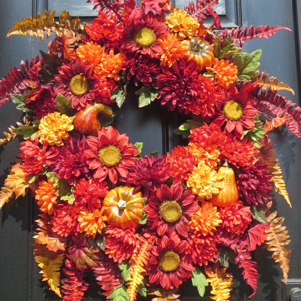 Fall Wreaths for Door, Sunflower Door Wreath, Fall Front Door Wreath, Silk Flowers Wreath, Luxury Fall Wreath, Autumn Wreaths, Mums, Ferns