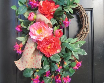 Peony Floral Spring Wreath, Summer Door Decor, Cottage Chic Vibrant Colors
