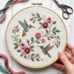 Broderikit för kolibriros, romantiskt blomsterpyssel för nybörjare, present till trädgårdsälskare