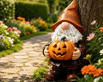 Statuetta di gnomo a forma di zucca in resina, realizzata a mano – Statuetta da giardino autunnale (Decorazione per esterni e patio)