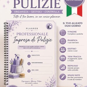 May include: A spiral-bound professional cleaning business planner in a light purple color scheme. The cover features text including "IMPRESA DI PULIZIE" and "PLANNER PROFESSIONALE," with icons for cleaning supplies, client tracking, and scheduling.