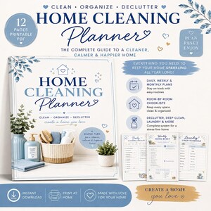 Può includere: Un set di 12 pagine stampabili in PDF per un pianificatore di pulizie domestiche. La copertina mostra il testo HOME CLEANING PLANNER, CLEAN ORGANIZE DECLUTTER e un piano semplice per una casa più pulita, calma e felice con illustrazioni.