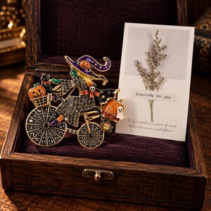 Witch Brooch, Handmade Halloween Bicycle Pin, Pumpkin Cat Brooch, Spooky Statement Jewelry
