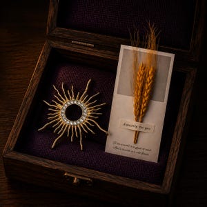 May include: A gold sunburst brooch with a circular center set with clear crystals, placed in a dark wooden box next to a card featuring two stalks of dried wheat, the text "Especially for you" and a quote about a grain of sand and a wild flower.