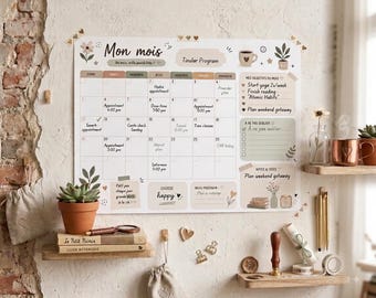 Planning Mensuel a Imprimer PDF PNG  - Planner Mensuel Perpétuel Organiseur de Bureau Beige, Planning Mural, Minimaliste Digital