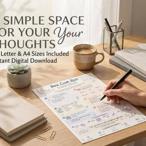 May include: A digital download printable planner page titled Pause, Clear, Reset with sections for daily tasks, notes, and self-care. The document features pastel illustrations of clouds, moons, and stars, and is shown on a desk with a pen, notebooks, and a mug.