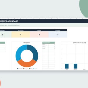 May include: An assignment dashboard spreadsheet interface featuring a dark header with the text ASSIGNMENT DASHBOARD, summary boxes for open tasks, due in 7 days, overdue, and completed items, a task status donut chart, and a bar chart for open tasks by course.