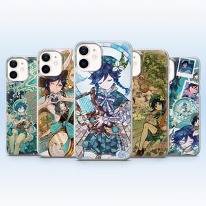 May include: Five clear smartphone cases featuring anime-style character illustrations in shades of blue, green, and gold. The designs include a character with braided hair playing a lyre, floral motifs, clockwork patterns, and various polaroid-style photos.