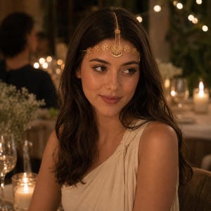 May include: A gold-toned headpiece featuring a series of circular filigree medallions connected by delicate chains, with a central crescent-shaped pendant that rests on the forehead and a vertical chain extending upward to the crown of the head.