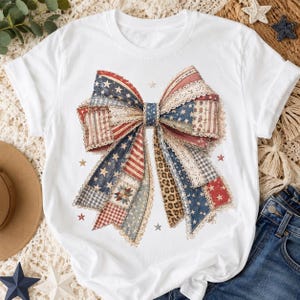 Patriotic Bow PNG, Vintage Americana Patchwork Bow Sublimation Design, Rustic Lace T-Shirt PNG, 4th of July Digital Download