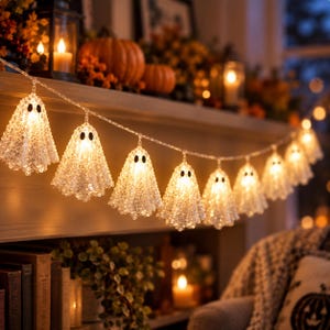 Op de afbeelding: Een decoratieve lichtsnoer met spookvormige hangers van doorschijnend, getextureerd materiaal met kleine zwarte ovale ogen. Elk spookje wordt van binnenuit verlicht door een warm wit licht, wat een gloeiend effect geeft langs de dunne, heldere draad.