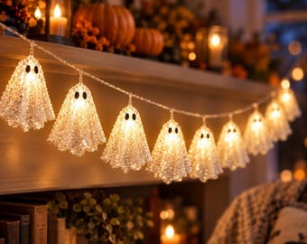 Guirnalda de fantasmas de Halloween, luces LED de fantasmas, pancarta de fantasmas con lentejuelas espeluznantes, decoración de chimenea de Halloween