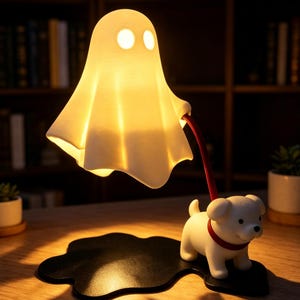 Può includere: Una lampada a forma di fantasma bianco con due fori circolari per gli occhi, illuminata dall'interno. Il fantasma è collegato tramite un guinzaglio rosso a una piccola statuetta di cane bianco con collare rosso, su una base nera irregolare.