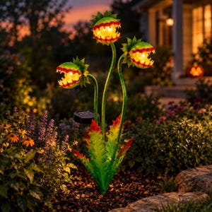 May include: A solar-powered garden stake featuring three green and red Venus flytrap-shaped heads with jagged teeth and glowing yellow centers. The plant has long, slender green stems and serrated leaves at the base, with a small black solar panel.