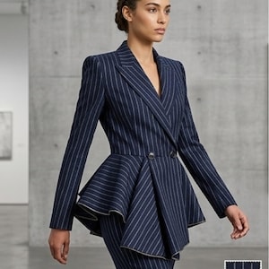 Puede incluir: Un blazer azul marino de doble botonadura con rayas diplomáticas blancas, que presenta un cuello estructurado, mangas largas y un detalle de peplum acampanado en la cintura. La prenda se combina con pantalones a rayas a juego.