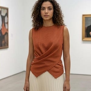 May include: A sleeveless, rust-colored knit top featuring a textured, cross-over front design with small metallic studs along the side seams, paired with a cream-colored, floor-length pleated skirt that has a consistent vertical fold pattern.