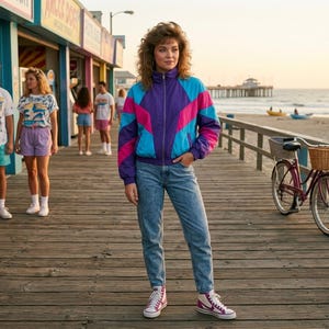 May include: A zip-up windbreaker jacket featuring a color-blocked pattern of bright blue, purple, and hot pink panels. The jacket is paired with light-wash blue denim jeans and white high-top sneakers with pink accents, creating a coordinated outfit.