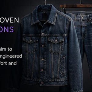May include: A dark blue denim jacket, a pair of blue denim jeans, and a pair of tan trousers hanging on wooden hangers. The text reads: DENIM & WOVEN COLLECTIONS. From premium denim to tailored trousers, engineered for durability, comfort and perfect fit.