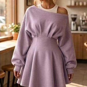 Puede incluir: Un vestido tipo sudadera de color lavanda con mangas largas, un escote ancho y descubierto, una cintura ajustada con pliegues verticales y una falda acampanada. La prenda se lleva sobre una camiseta blanca sencilla de cuello redondo.