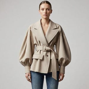 May include: A beige jacket featuring wide lapels, voluminous balloon sleeves with fitted cuffs, and a matching fabric belt with a rectangular buckle. The garment includes two front flap pockets and is worn over blue denim jeans.