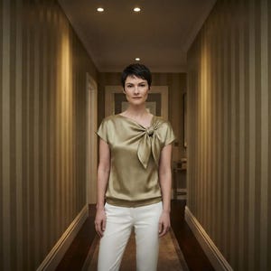 Könnte beinhalten: Eine kurzärmelige, olivgoldene Satinbluse mit einem drapierten, geknoteten Detail an der Schulter und einem Rundhalsausschnitt, kombiniert mit einer weißen Hose. Die Bluse hat eine glatte, reflektierende Oberfläche und eine taillierte Passform.