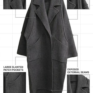 Puede incluir: Una ficha técnica para un abrigo oversize de lana color carbón. Las características incluyen una solapa de muesca oversize, hombros caídos, grandes bolsillos de parche inclinados y costuras externas expuestas en mezcla de lana.